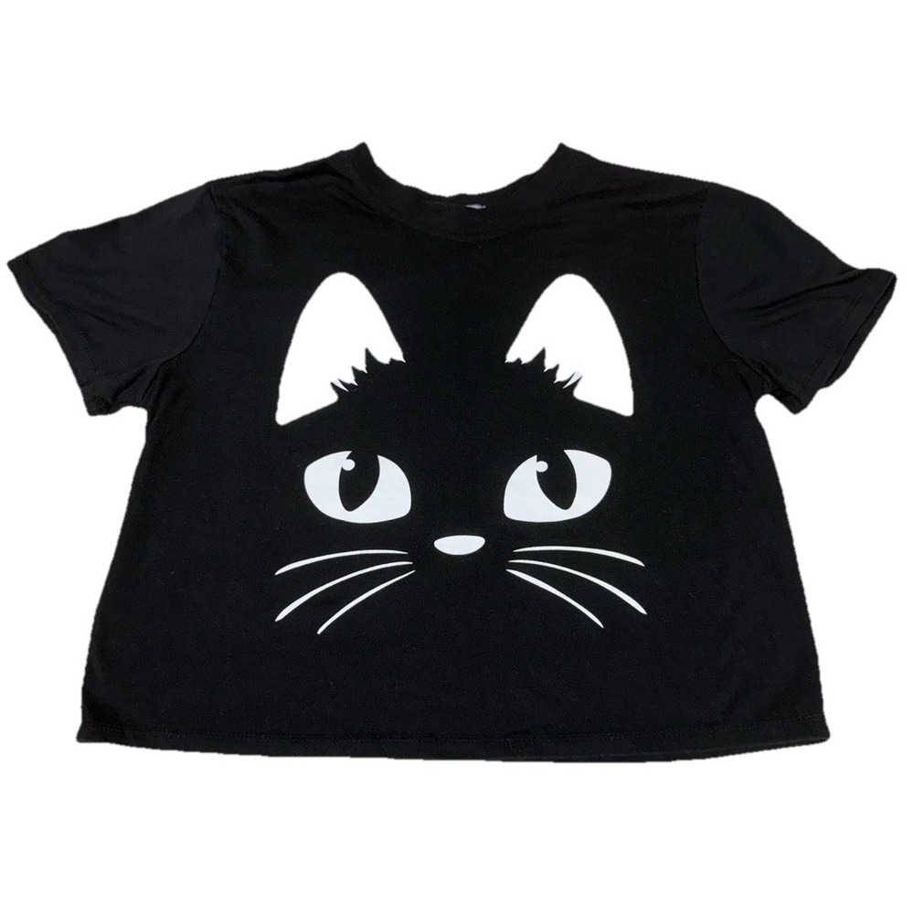 Better Together Black Cat Crop Top Womens Medium Cute Graphic Tee‎ Kawaii Grunge